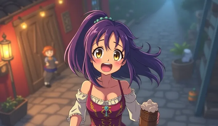 A young woman with fair skin and purple hair, in anime style, stands in a dynamic and lively pose. She is wearing a short, ornate medieval-style dress. Her face displays an animated expression, with her mouth open in a wide smile and visible teeth, large, ...