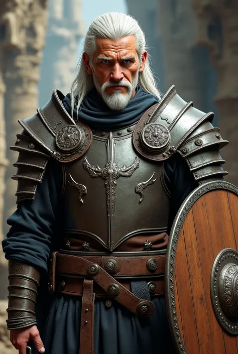  40-year-old male,  white hair, goatee style beard,  armor with round shield,  armor inspired by that of King Theoden in The Lord of the Rings, He wears a short sword . hdr, realistic painting