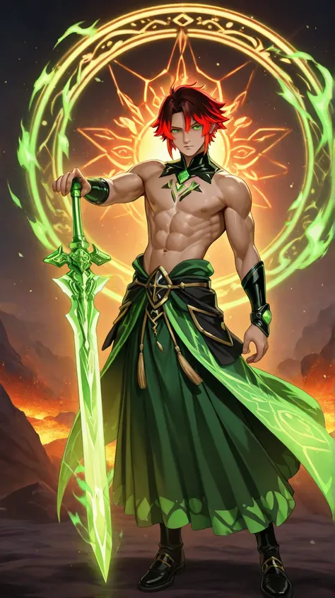 Character: Ligier, The Green Sun(1boy)- Identity: Demon Prince of Malfeas (Third Circle fetich soul of the Yozi Malfeas), primordial smith of Hell.- Form: Handsome young nobleman with auburn hair (crimson highlights), bare-chested (bare upper body), muscul...