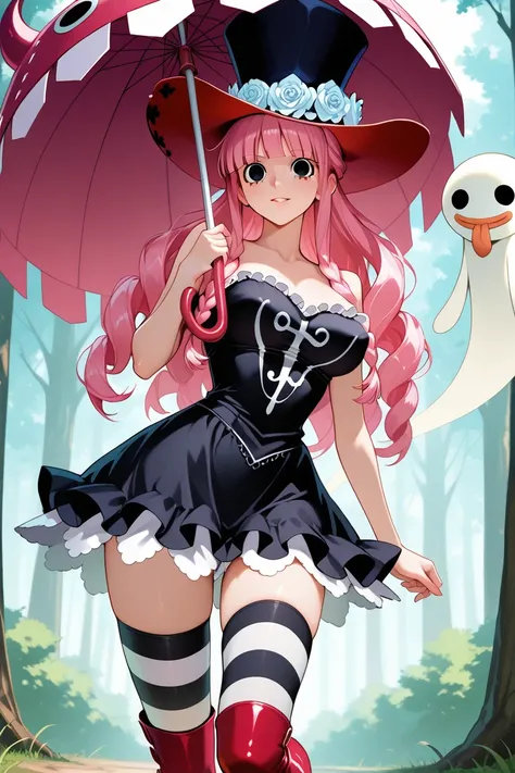  dress　Perona【high quality】【masterpiece】８k 【Precise and delicate drawing】【 dynamic lighting】A vibrant anime-style character with long pink hair, wearing a black and white frilly dress, red boots, and a large black hat adorned with a white floral band. The ...