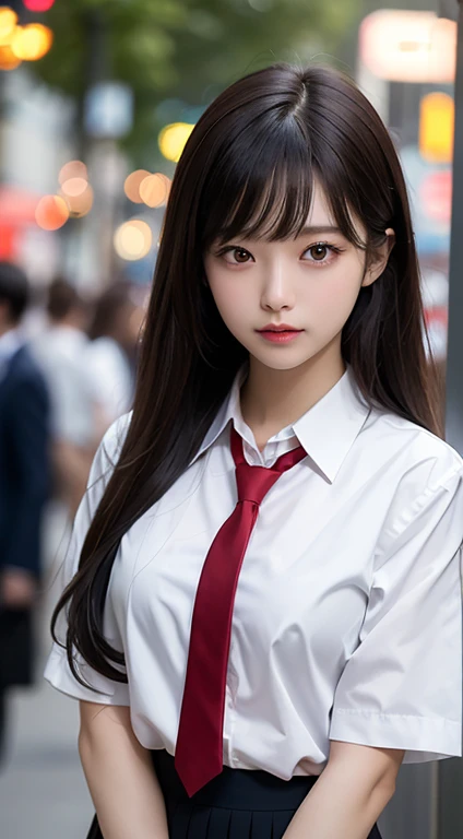 ( Masterpiece,  best quality:1.2), 8k, 18 years old, 85 mm, Official art,  RAW Photo,  absurd,  white dress shirt,  pretty face,  close,  upper body,  violaces, Gardenias,  beautiful girl,  school uniform,  cardigan、 ( navy pleated skirt:1.1), Cinch West, ...