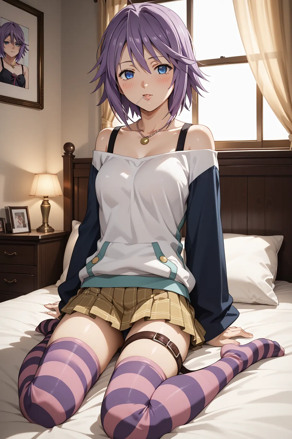 score_9, score_8_up, score_7_up, source_anime, prefect lighting, very aesthetic, rating explicit, ((candid angle)), 1 girl, solo, shirayuki mizore, rosario+vampire, short hair, purple hair, blue eyes, medium breasts, mizoreoutfit, long sleeves, striped thi...