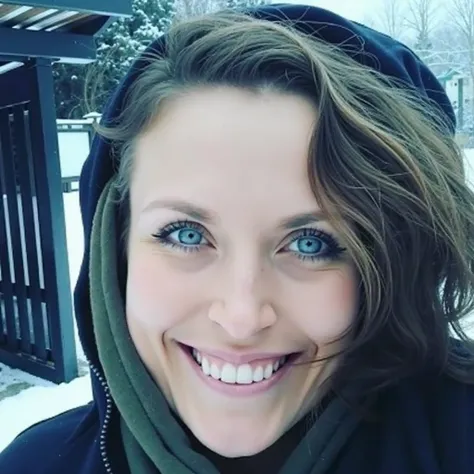 smiling woman with a hoodie on in the snow, smiling and looking directly, beautiful and smiling, happily smiling at the camera, smirking at the camera, smiling into the camera, 25 year old woman,