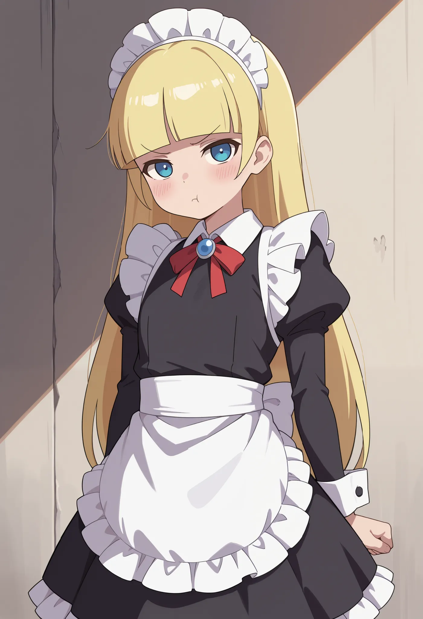 score_9,score_8_up,score_7_up, BREAK, pacifica, long hair, blonde hair, blunt bangs, bangs, 1girl, blush, pout, maid outfit, flat chest, , cute, black dress, white apron, looking at viewer,
