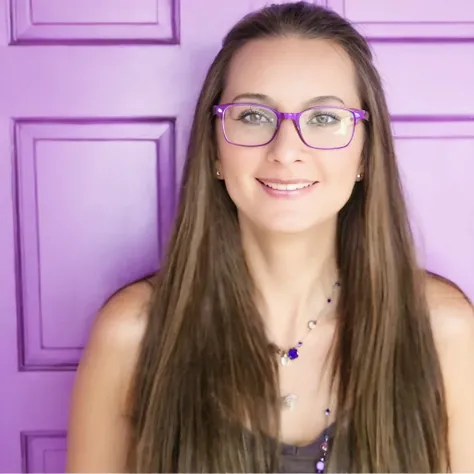 arafed woman with glasses and a necklace standing in front of a purple door, her hair is long and straight, girl with glasses