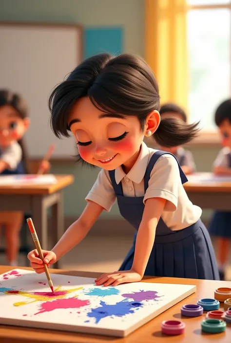 Pixar cover of a girl in school uniform painting and drawing a picture with temperas 