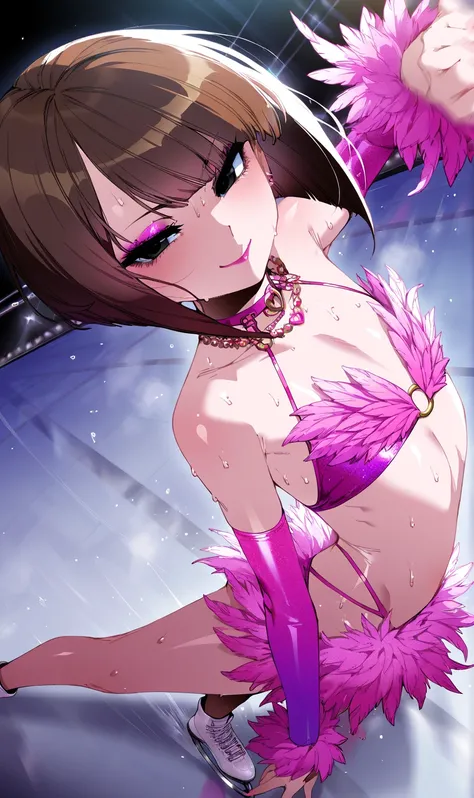 (sfw:1.5), makeup gyaru, solo loli_girl ,feather pink costume, extreme figure_skating, brown hair, black eyes, inverted bob, slender, flat chest, serious, sweat, seductive smile, motion blur, perspective, from side