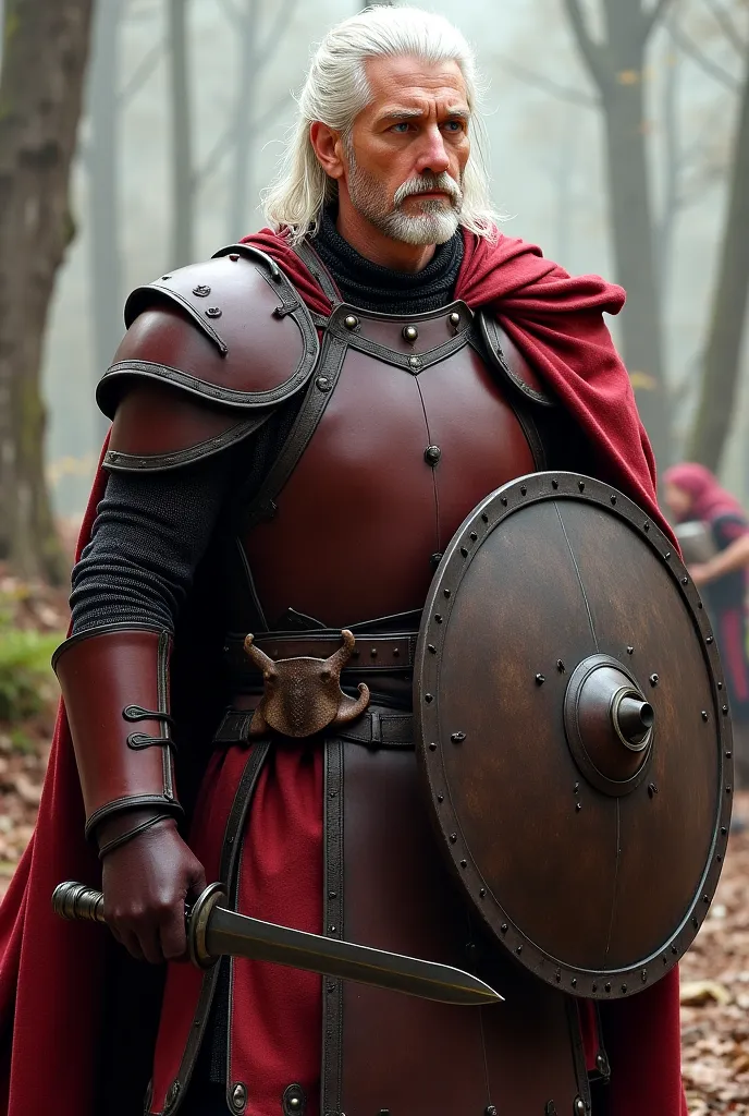 40-year-old man, white hair, goatee, with a round shield and dark reddish brown colored armor, which must be inspired by the armor of Theoden, King of Rohan, from Lord of the Rings. He carries a short sword in his right hand.