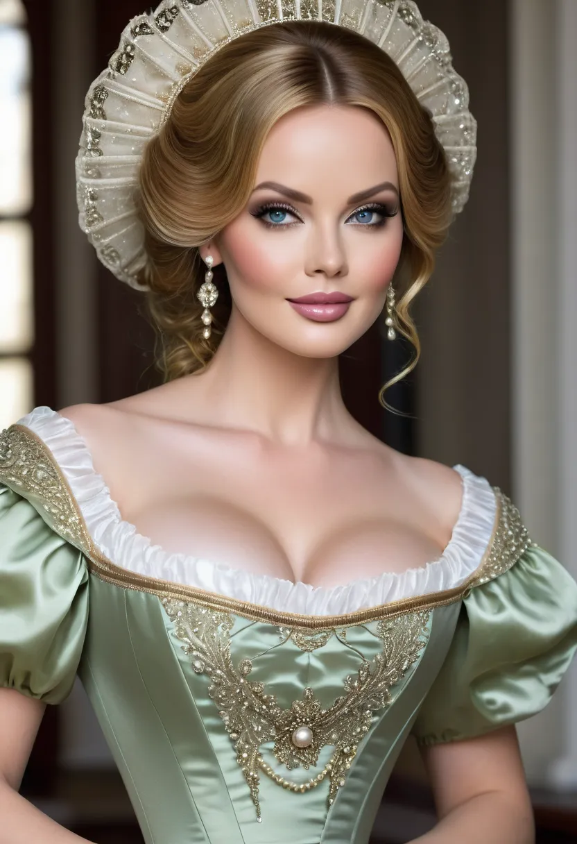 A real photo of a beautiful and celestial Aristacrat governess who is a sugar mommy with large elegant, hawk-like-nose, who embodies old fashioned class, sophistication, elgance as well as wholesome, natural beauty. curvy, thin-waist, wide-hips, swaying-hi...