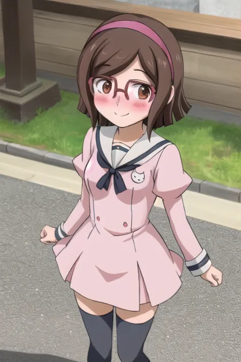 masterpiece, best quality,ultra detail, kousaka china, headband, eyewear,pink dress, black thighhighs,blush,shy,,looking up viewer,town path,small breasts,smile