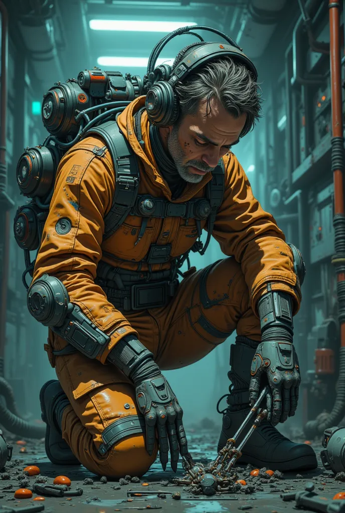 Photorealistic. a  photo of a mechanic of an interstellar modular transport ship. 55 years old. Tane skin, 3 day stubble, dirty, sticky hair and face, dark circles around eyes, stains of sweat and oil on the chest, dirty mechanic dunfarees full of patches,...