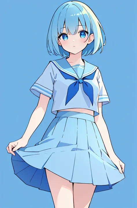 (best quality,ultrares,masterpiece:1.2) (watercolor: 1) (pastel colors: 0.8) 1girl solo, Earth-chan, (Blue-themed serafuku with blue skirt), starry blue eyes, Cute detailed face, detailed eyes, Blue-green short hair, (simple blue background)