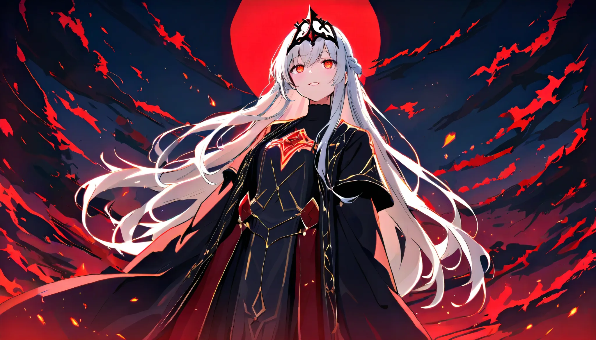 A Japanese anime-style scene featuring the same young woman with silver hair, now standing under a blood-red full moon at night. The camera angle is low, looking up at her from below to emphasize her imposing and sinister presence. Her silver hair flows wi...