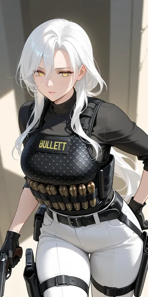 Mature female, white hair, long hair, yellow eyes, black shirt, white pants, bullet proof vest, black belt, black gloves, pistol, holster