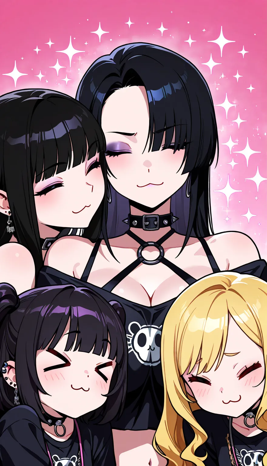 sfw, cool beauty, [punk | gyaru | Gothic_lolita], 3 girls, black hair, breast, upper body, foodgasm, [:3 | ;)], sparkle,