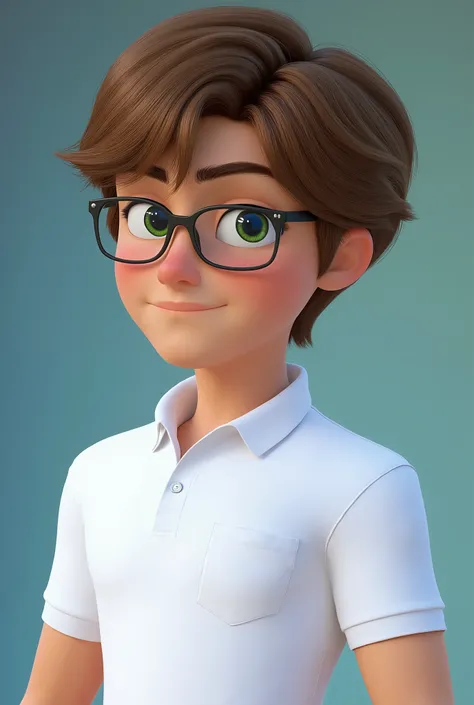 A man of about 18 years old, brown hair down to his shoulder, wearing prescription glasses, greenish eyes, dressed in a white polo collar with pocket without details on the chest, pixar style image extending from the waist up