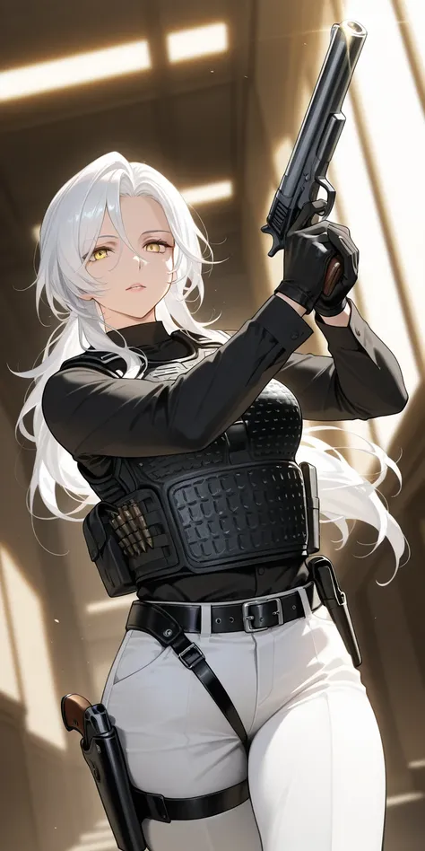 Mature female, white hair, long hair, yellow eyes, black shirt, white pants, bullet proof vest, black belt, black gloves, pistol, holster