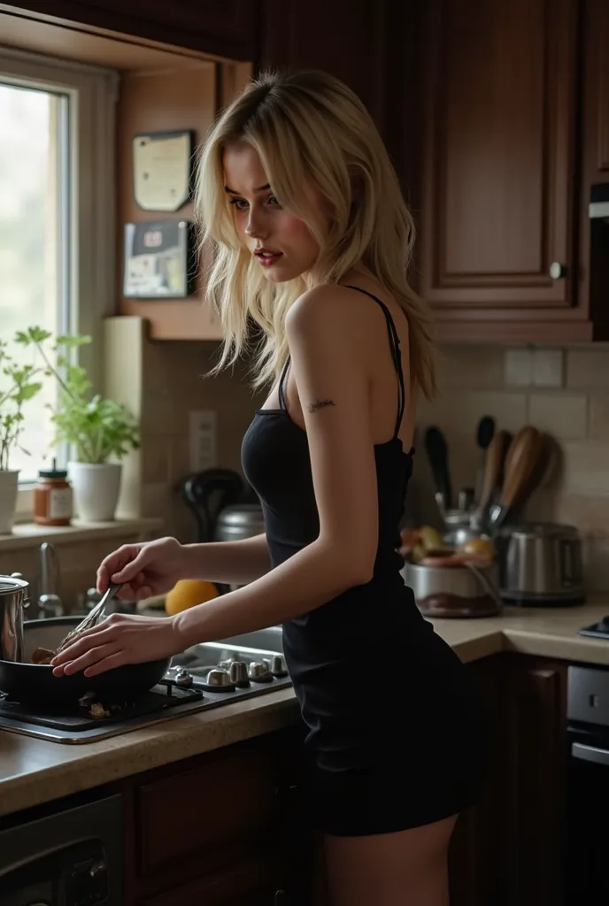 ( best quality,4K,8k, highres, masterpiece:1.2), ultra-detailed,( realistic,photo realistic,photo- realistic:1.37), 20 year old Russian blonde, with a thin but exquisite black dress, while in the kitchen of the house cooking and looking at the spectator wi...