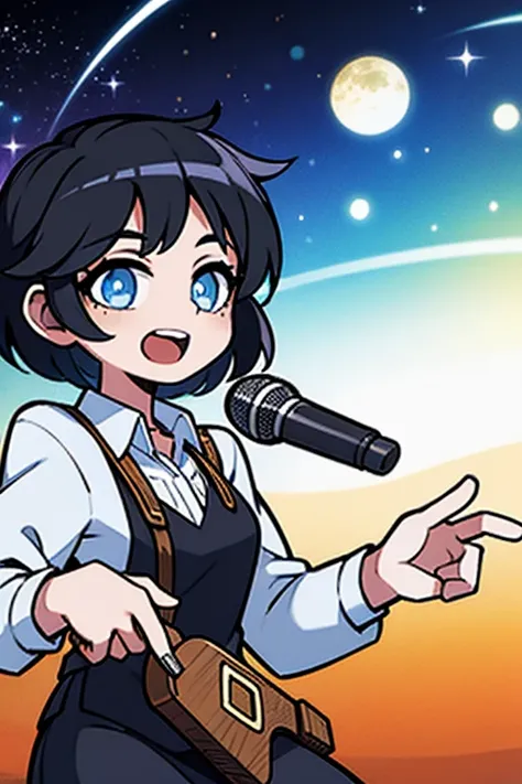  Create a 20-Year-Old Singing Girl, linda,  short hair,  sky blue eyes,  black hair , Singing to the Stars