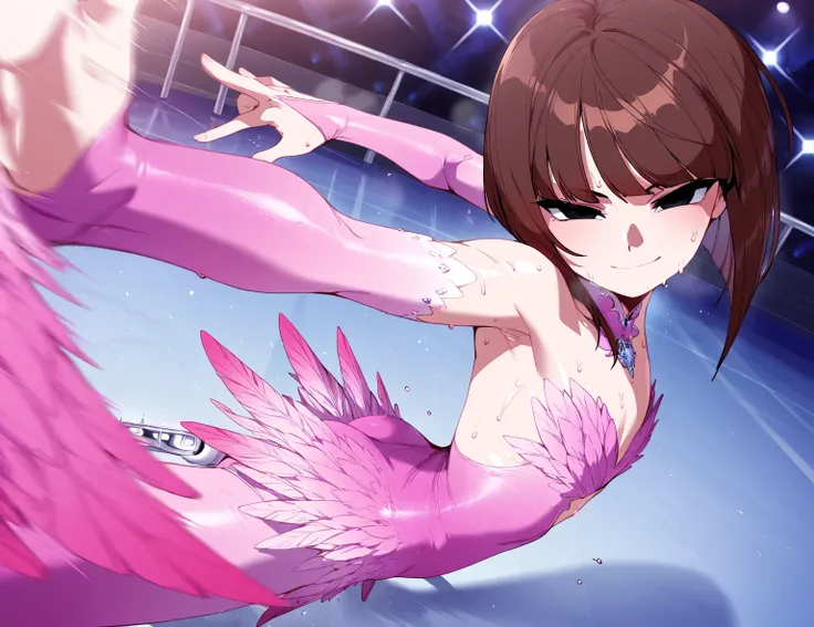 (sfw:1.5), solo loli_girl ,feather pink costume, extreme figure_skating, brown hair, black eyes, inverted bob, slender, flat chest, serious, seductive smile, sweat, motion blur, perspective, from side