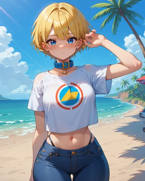 1 guy, young, s,  wide hips, thin body, solo,  in detail,  high detail , HD model,  Ultra high definition ,  short hair,  yellow hair ,  Blue eyes,  collar, Villa in the background,  white t-shirt ,  jeans, gorgeous ass, Reddish,  yellow eyes,  Blue eyes, ...