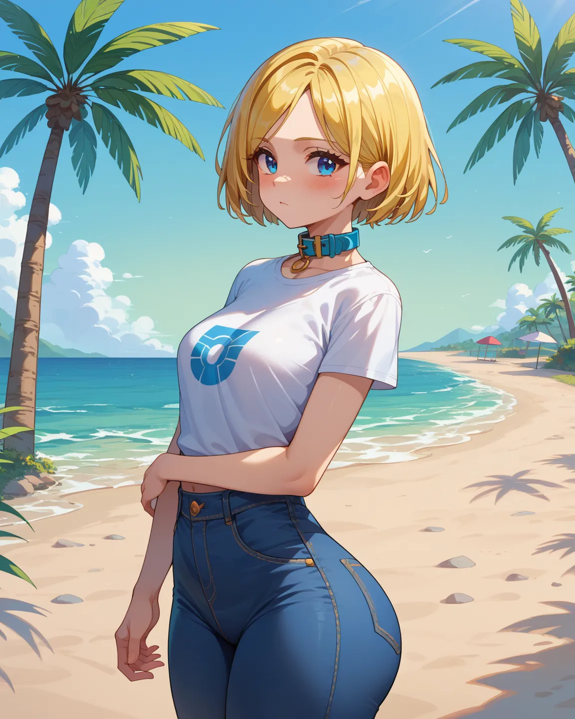 1 guy, young, s,  wide hips, thin body, solo,  in detail,  high detail , HD model,  Ultra high definition ,  short hair,  yellow hair ,  Blue eyes,  collar, Villa in the background,  white t-shirt ,  jeans, gorgeous ass, Reddish,  yellow eyes,  Blue eyes, ...