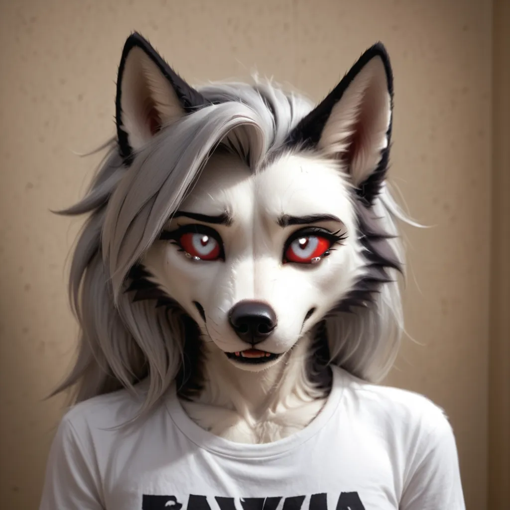 Furry art, breathtaking furry art, realistic furry, anthro white wolf, female wolf, black makeup, white eyes with red sclera, silver hairs, black ears, sensual, loona, claws,(pixelsketcher pikaflufftulf hioshiru artstyle), 75mm canon shot, ultra realistic,...