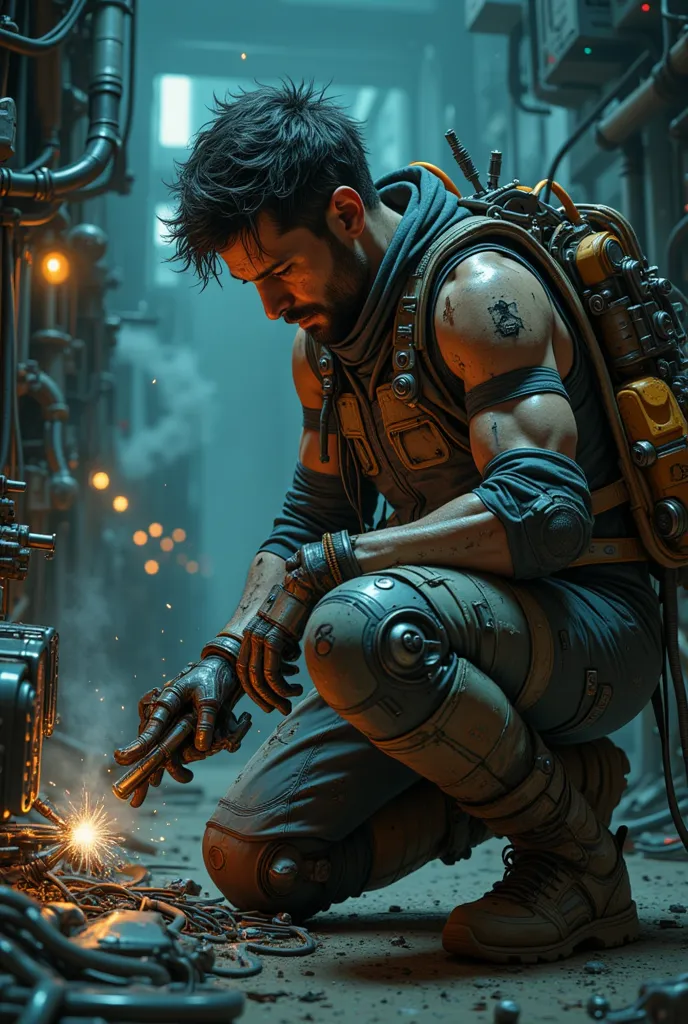 Photorealistic. a  photo of a mechanic of an interstellar modular transport ship. 55 years old. Tane skin, 3 day stubble, dirty, sticky hair and face, dark circles around eyes, stains of sweat and oil on the chest, dirty mechanic dunfarees full of patches,...