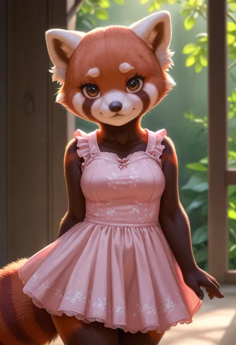 Red Panda, girl, pink cute dress, bald, high masterpiece