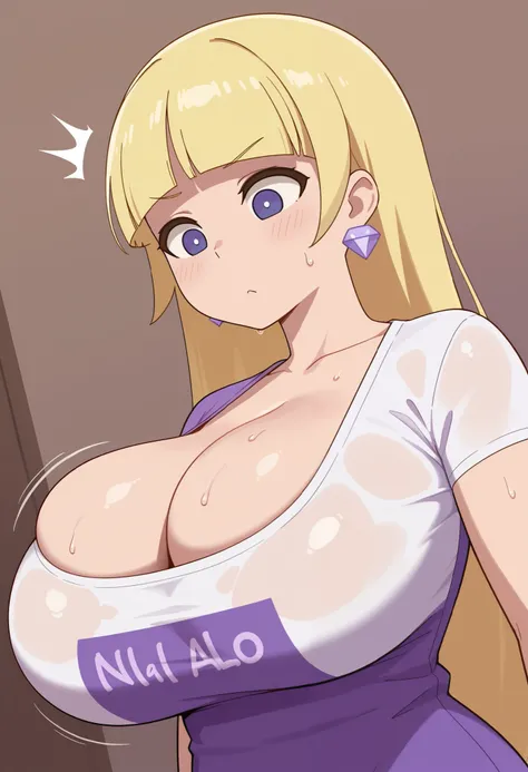 Pacifica Northwest. huge breasts. huge hips. thin body, long blond hair with bell-shaped bangs and dark blue eyes. She also has thick purple eye shadow and lavender ring earrings. | shirt, upper body, breast expansion, surprised, looking down, sweaty breas...