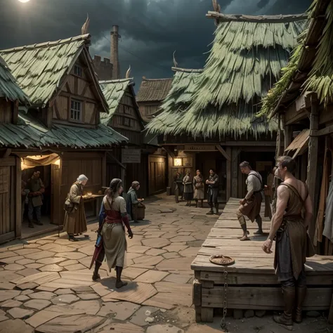 A slave market in the center of a settlement. Wooden buildings surround the area, creating a rustic medieval atmosphere. Merchants and buyers negotiate as chained captives stand on display. Fantasy/Medieval setting.

