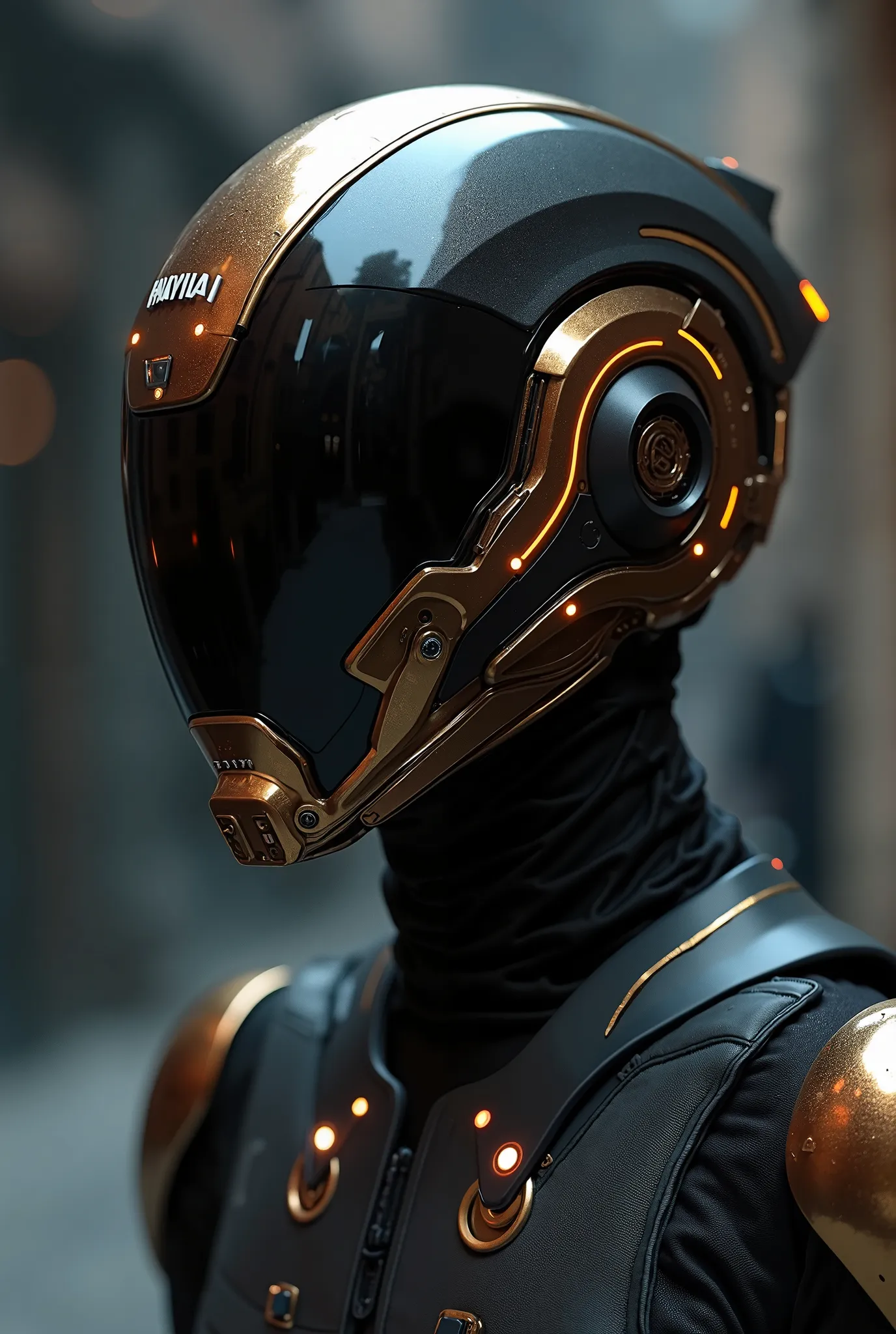 "a [ simplified visor and intricate details  futuristic helmet with a sleek,  armored design ,   giving it a sophisticated and powerful look  .   High level technology  ,   and sci-fi aesthetic  ,   The name 'HANY' is deeply engraved in bold  .  اسم 'HaNY'...