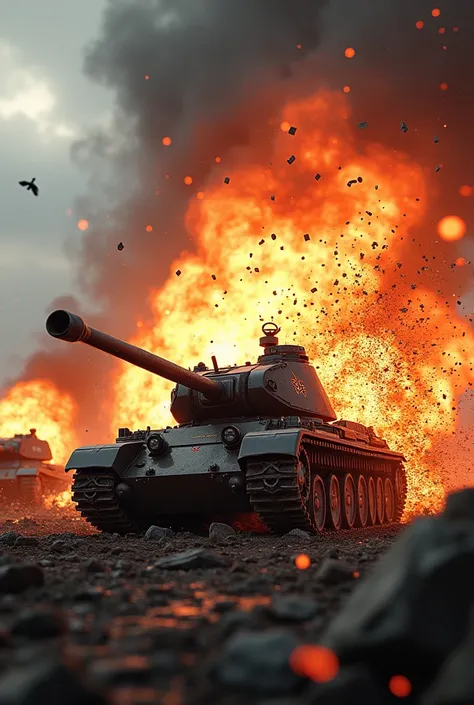 russian tank exploding violentl after being hit by a german tank, flames, pieces of metal flying