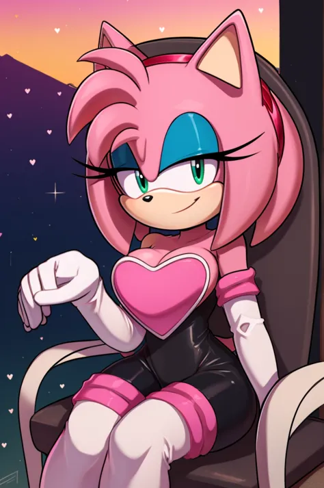 score_9, score_8_up, 2D, flat color, looking at viewer, (1girl), (solo), very detailed, extremely detailed, Amy Rose from the sonic the hedgehog series, portrait, smile, looking at viewers, hair down, hair bangs, large bust, milf, Rouge cosplay, cosplay, R...