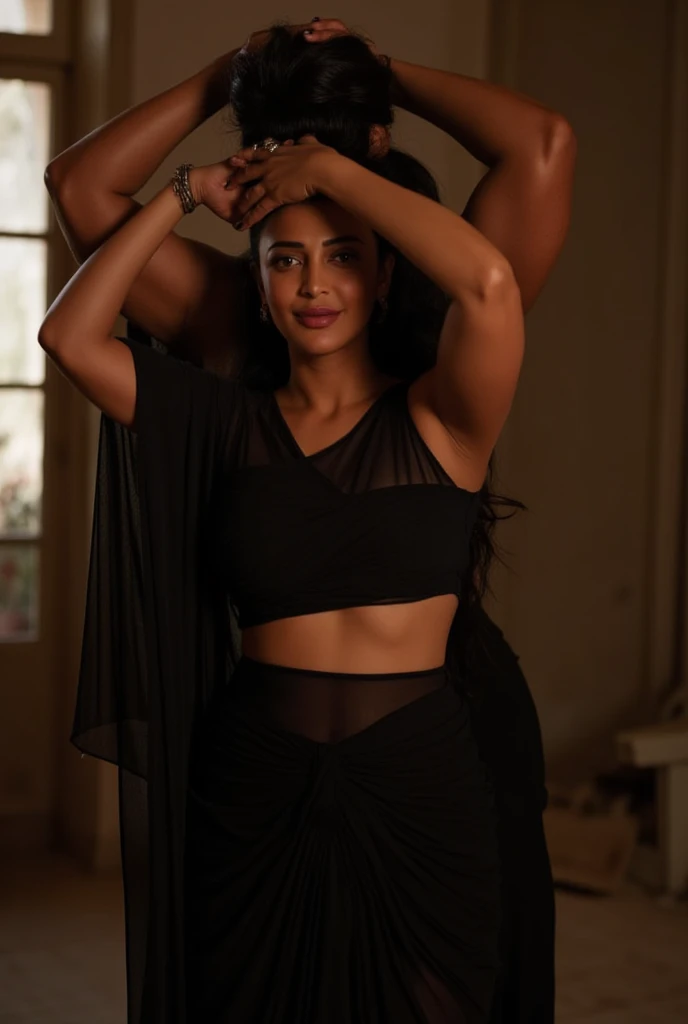 Busty body Shruti Haasan in transparent black saree showing her navel, placed her hands on the back of her head, a skinny black Indian man inserted his hand inside her saree, and grabbed her waist skin in his fingers, in a house