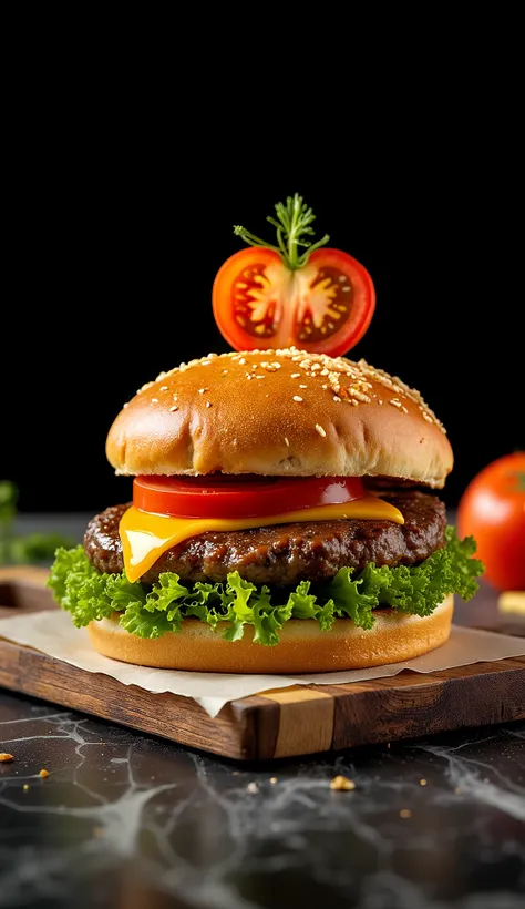 A professional photograph of a hamburger bun, lettuce, 1 meat, cheddar cheese, tomato, Burger on top of a wooden board, on top of a table, black background
