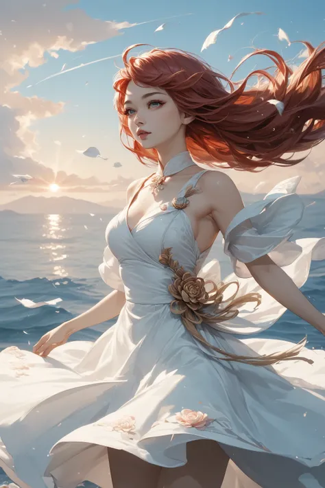 A beautiful woman with long red hair blowing in the wind, a summer dress, Stands on the coast, Wellengang ,Wind, and sunset,