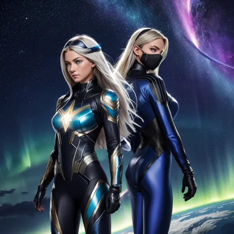 PhotoRealistic, costume, superhero costume, live action, realistic, highly detailed, Sharp focus, extremely detailed, 


1girl, 19½ yr old, Caucasian, blue eyes with gold irises, long white hair past shoulder length,  A bodysuit sleek, dark navy or black s...