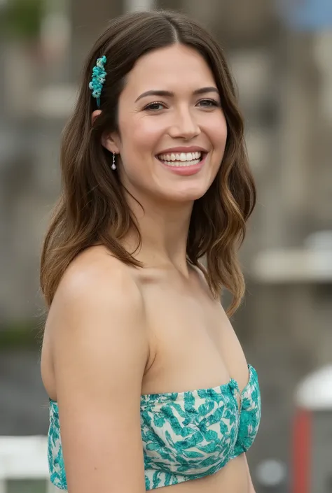 best quality, highres, 8k, masterpiece, photography, detailed midbody photorealistic portrait. Mandy Moore is adorned in a chic teal mesh bikini for Victoria’s Secret Swim Campaign, featuring intricate geometric patterns and a plunging neckline that comple...