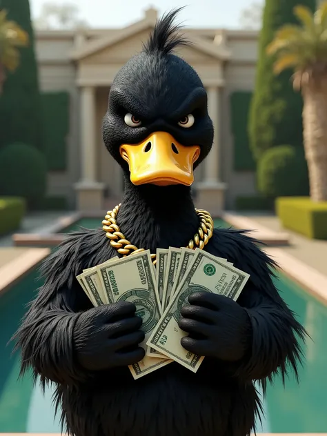 duck with black feathers holding dollars with both hands, wearing balaclava mask, gold chain around neck, standing in front of a luxurious pond, gangster, thug,