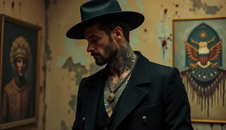 A man dressed in black in a black hat with an eagle tattoo on his neck with an eagle necklace around his neck Paintings around a ruined house with gold drugs and blood stains and a different and mysterious person with a black ring and a lot of dangerous he...