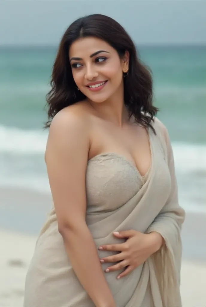 sensual pose in saree, sea waves and white sand in background, large breasts, side view, cleavage, slender waist, long legs, full body, shiny skin tone, pink lips,  smiling showing teeth, detailed face, black eye, eyeliner, nose pin, long black hair, busty...