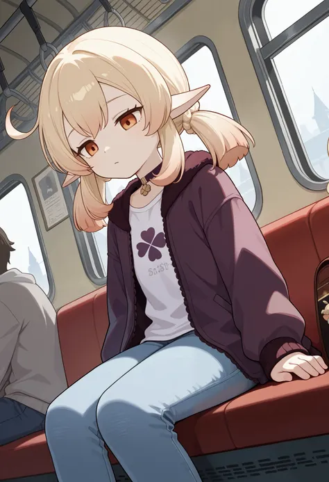 Klee. Genshin Impact. Appearance: pale skin, orange eyes, blonde hair in pigtails, and elf ears.  | choker. train, bored, closed mouth, sitting, looking down, purple trimmed jacket, tsirt. jeans, cowboy shot, dutch angle, public indecency, nonchalant, solo...