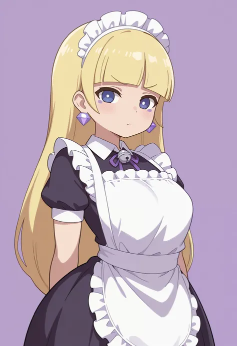 Pacifica Northwest. huge breasts. huge hips. thin body, long blond hair with bell-shaped bangs and dark blue eyes. She also has thick purple eye shadow and lavender ring earrings. | maid outfit, flat chest, , cute, black dress, white apron, looking at view...