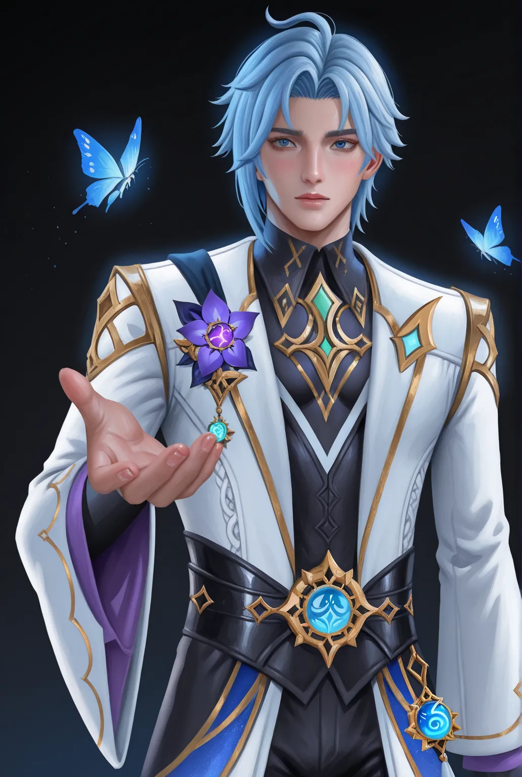 alexander dinh, vision_(genshin_impact), 1boy, flower, male_focus, black_background, purple_flower, solo, long_sleeves, simple_background, bug, butterfly, wide_sleeves, blue_hair, outstretched_hand, white_jacket