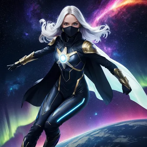 PhotoRealistic, costume, superhero costume, live action, realistic, highly detailed, Sharp focus, extremely detailed, knee high Boots, gauntlets,  Ghostforce armor with black highlights.  has a cosmic full-cover covering her entire head and face mask, her ...