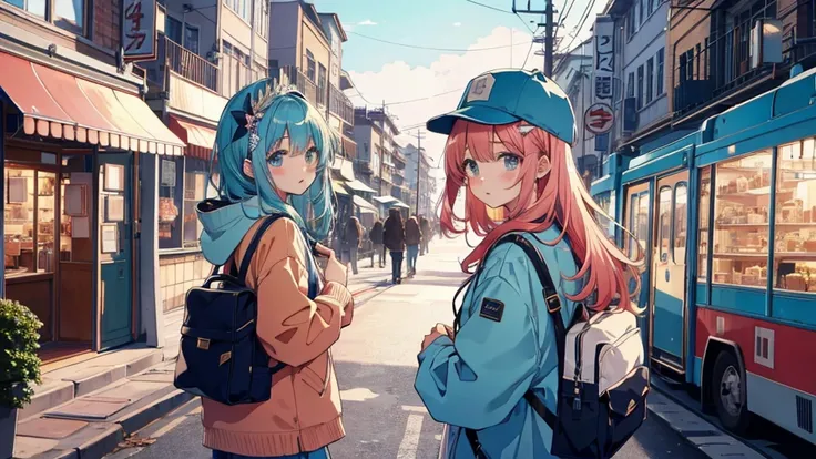  girls on the left、1 person、city、 Pastel、art、 real hair ornaments、 cap、 looked back 、