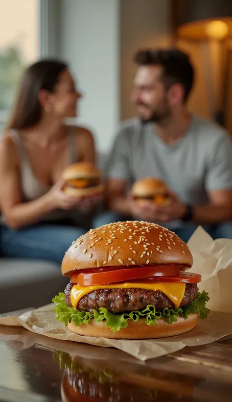 A professional photography with a bun burger, lettuce, 1 meat, cheddar cheese, tomato, on a table and a blurred background couple eating burger sitting on the sofa in the living room with one on a nice evening, Tasty burger, professional photography, 8k, c...