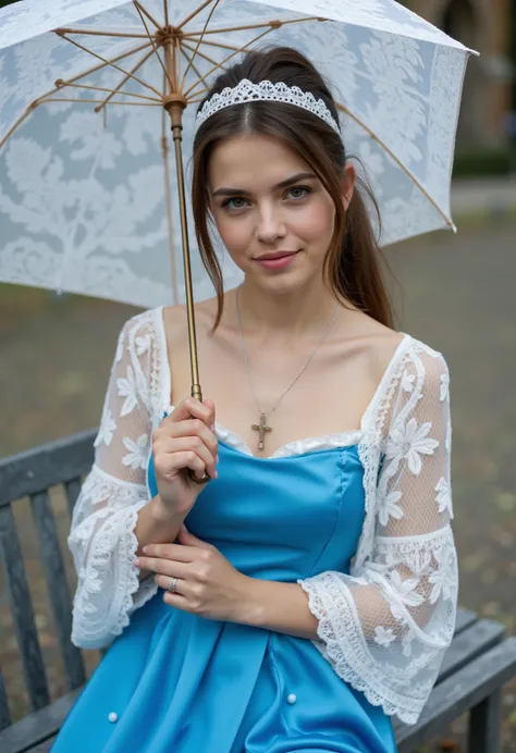 young German brunette woman    ,  beautiful eyes .    long brown hair with ponytail    .    hairband   ,  necklace with cross ,  long blue shiny satin baroque dress with white lace sleeves,  transparent lip gloss   , slim building  , pretty, 2,    full bod...