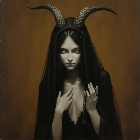 A young woman with prominent goat horns atop her head, obscured by a veil, wears a revealing black gown and holds a black rosary as she prays. Her hair is black, and her eyes are entirely white against a brown backdrop. She has an ethereal appearance.